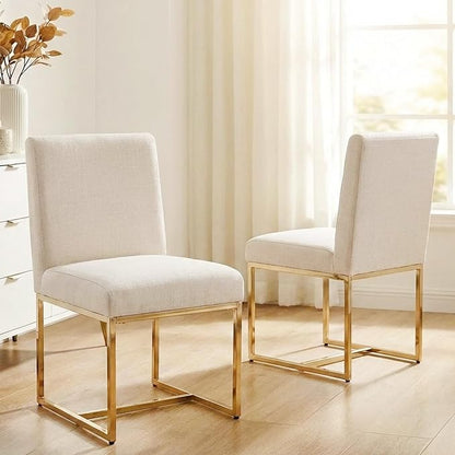 VESCASA Linen Upholstered Dining Chairs Set of 2, Mid Century Modern Padded Chair with Gold Metal Frame for Restaurant, Dining Room, Kitchen, Cream