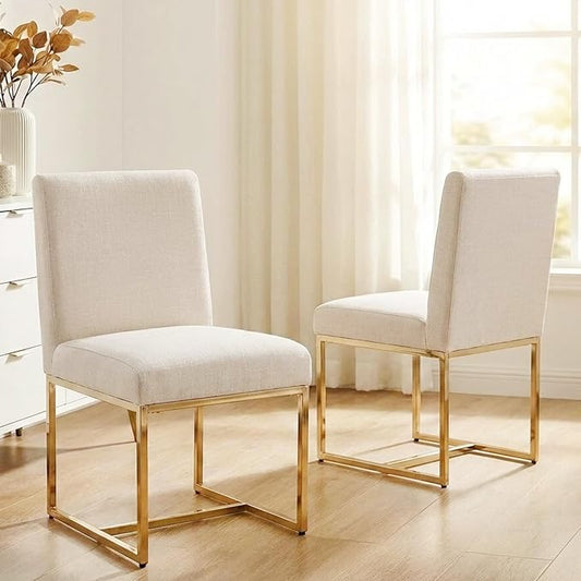 VESCASA Linen Upholstered Dining Chairs Set of 2, Mid Century Modern Padded Chair with Gold Metal Frame for Restaurant, Dining Room, Kitchen, Cream