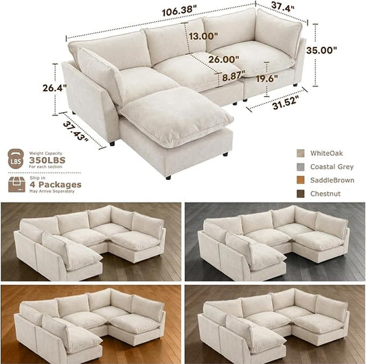 Iroomy Modular Sectional Sofa, Oversized Chenille Cloud Couch, Deep Comfy Seat, 4-Seater Sofas Couches for Living Room, Beige, High Feet