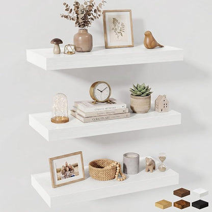 Fun Memories 24 x 10 Floating Shelves Wall-Mounted - Rustic Wood Shelf - 10 Inch Deep Floating Shelves for Wall - Large Storage Shelf for Bathroom - Kitchen & Bedroom - White - Set of 3