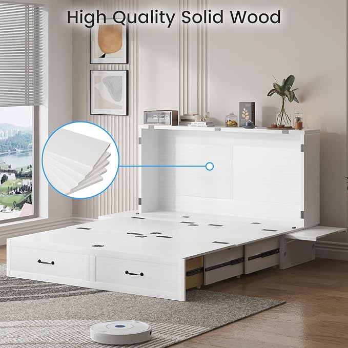 PUREMIND Queen Murphy Bed with Mattress Included, Murphy Cabinet Bed with Storage Drawer, Built-in Charging Station, Solid Wood Frame, Space-Saving Cabinet Beds for Small Spaces/Guest Room (White)