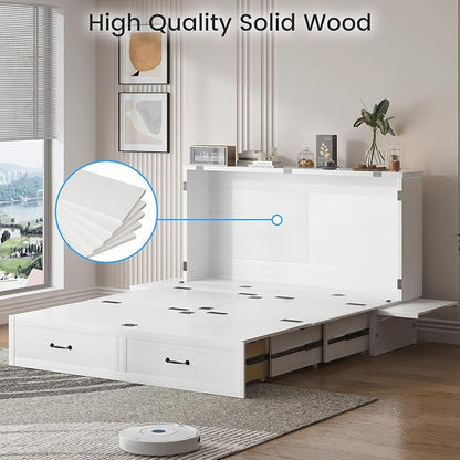 PUREMIND Queen Murphy Bed with Mattress Included, Murphy Cabinet Bed with Storage Drawer, Built-in Charging Station, Solid Wood Frame, Space-Saving Cabinet Beds for Small Spaces/Guest Room (White)