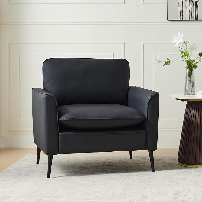 TYBOATLE Accent Chair, Faux Leather Chairs, Mid Century Modern Comfy Living Room Chairs, Cozy Office Reading Chair, Reception Armchairs for Office, Bedroom, Waiting Room (Black) (1)