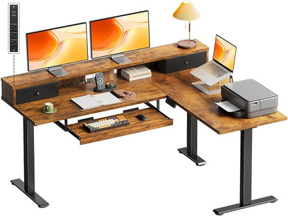 OffiGo 59 Inch L Shaped Electric Standing Desk with Drawers, Height Adjustable Corner Computer Desk with Keyboard Tray & Monitor Stand, Stand Up Table for Home Office Workstation, Rustic Brown