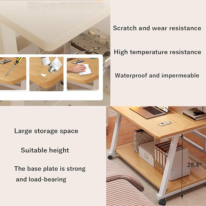 Rolling Computer Desk, 31.5 Inch Small Desks For Small Space, Portable Small Computer Desk with Monitor Stand & 3-Tier Storage, Portable Desk on Wheels for Writing, Home Office, Small Desk for Bedroom