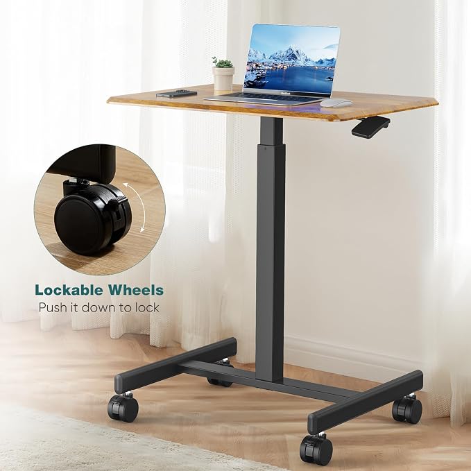 DUMOS Mobile Small Standing Desk, Portable Rolling Laptop Desk with 2 Lockable Wheels, Adjustable Height Computer Workstation for Home Office, 19 Inch Brown