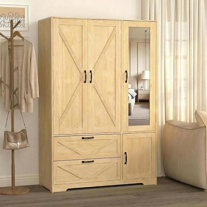 3 Doors Armoire Wardrobe Closet with Mirror Door and LED Lights,Bedroom Armoire with Drawers,Large Capacity Freestanding Armoire with Hanging Rod,Adjustable Shelves and Hooks(Natural)
