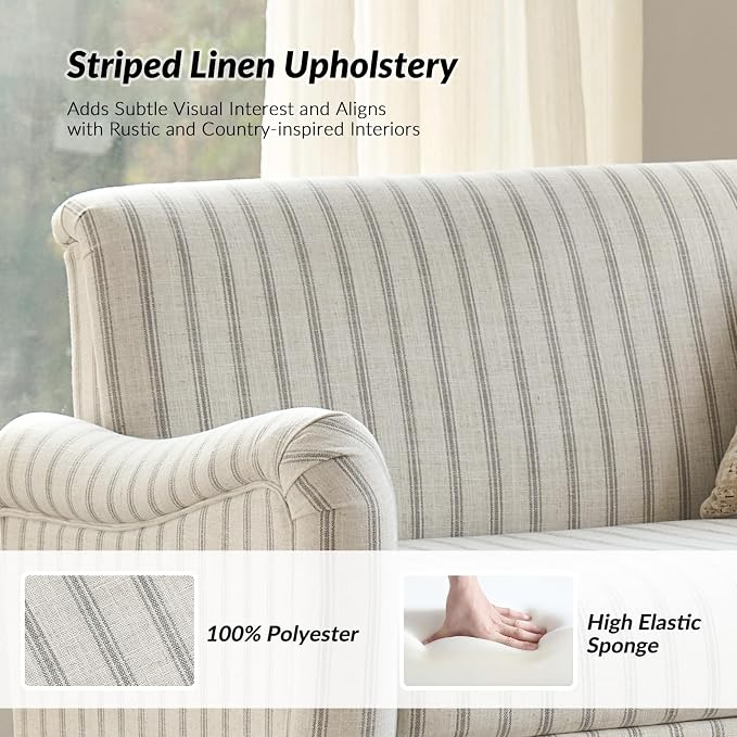 HULALA HOME 50.5" Loveseat Sofa with Stripe Pattern, 2 Seater Farmhouse Sofa with Rolled Wide Armrests and Rubber Wood Legs, Comfy Upholstered Small Couch for Living Room Bedroom, Grey