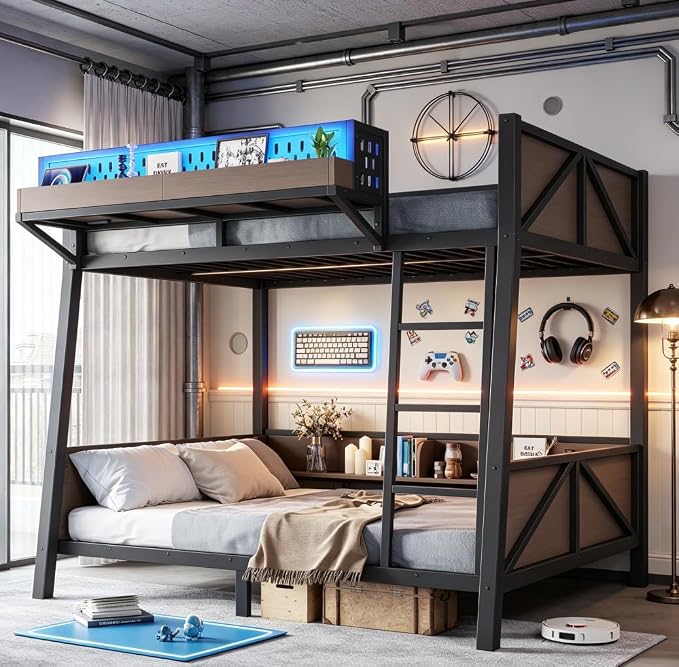 Bellemave Bunk Bed Twin Over Twin with LED, Heavy Duty Metal Bunk BedFrame with Storage Shelves and Lights, Black