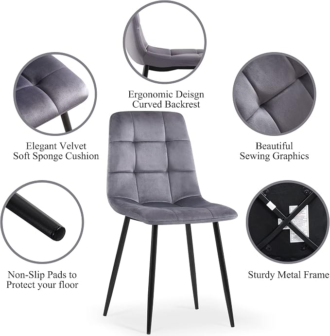 NORDICANA Grey Velvet Dining Chairs Set of 4, Upholstered Tufted Kitchen Chairs, Comfortable Seat, Metal Leg, Easy Assembly