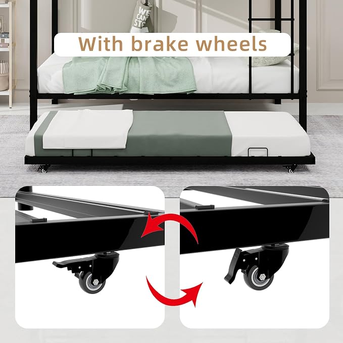 Metal Bunk Bed with Trundle, Space-Saving Bunk Bed Full Over Full with Ladders and Safety Guardrail, Heavy Duty Full Bed Frames, No Box Spring Needed and Noise Free(Black)