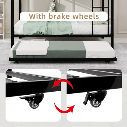 Metal Bunk Bed with Trundle, Space-Saving Bunk Bed Full Over Full with Ladders and Safety Guardrail, Heavy Duty Full Bed Frames, No Box Spring Needed and Noise Free(Black)