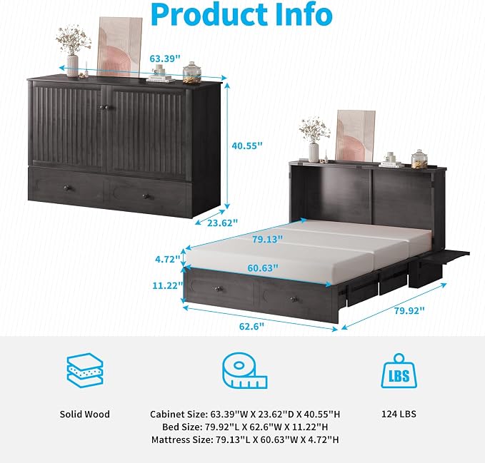 Mjkone Queen Murphy Bed Cabinet with Tri-Fold Mattress Included, Drawers, USB Charging Station, Modern Versatile Wood Chest Cabinet Wall Bed, Wooden Guest Beds for Bedroom Home Apartment, Dark Grey