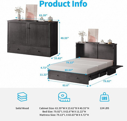Mjkone Queen Murphy Bed Cabinet with Tri-Fold Mattress Included, Drawers, USB Charging Station, Modern Versatile Wood Chest Cabinet Wall Bed, Wooden Guest Beds for Bedroom Home Apartment, Dark Grey