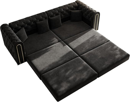 90.6'' Futon Sofa Bed, Chesterfield Velvet Sleeper Sofa, Convertible Floor L-Shaped Couch, Tufted Back, 4 Pillows, Gold Edge Trim, Deep Loveseat Couches for Living Room, Apartment, Gold Black