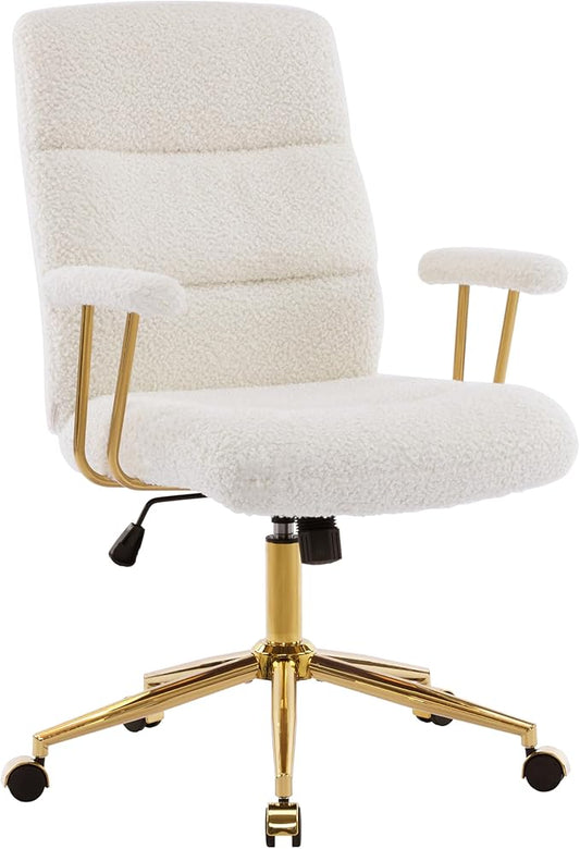 Techni Mobili Boucle Office Chair, Adjustable Desk Chair, White & Gold | White boucle office chair, gold base, padded seat, height adjustable, modern desk chair, textured fabric, swivel, ergonomic
