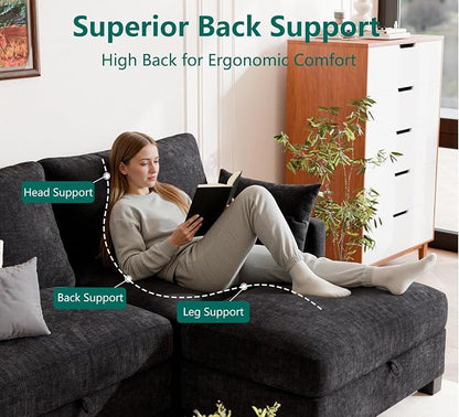 Modular Sectional V Shaped Sofa Couches for Living Room, Cloud Couch with Storage Ottoman, Comfy Chenille Sofa with Pillow, Black