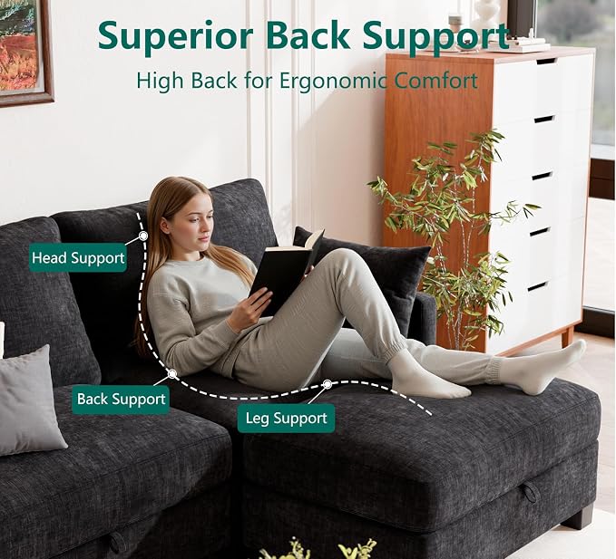 Modular Sectional U Shaped Sofa Couches for Living Room, Cloud Couch with Storage Ottoman, Comfy Chenille Sofa with Pillow, Black