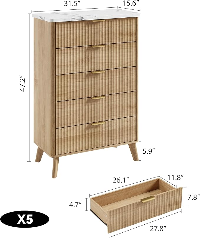 Fluted Dresser for Bedroom with 5 Deep Drawers, 47.2 in Tall Chest of Drawers with Faux Marble Top, Curved Profile Design, Modern Wooden Dresser, for Living Room, Kids Room, Hallway, Natural Oak