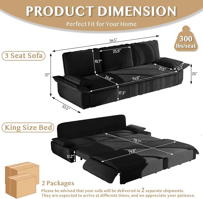 94.5'' Sleeper Sofa Bed King Size, Modern Corduroy Pull Out Couch, 3-in-1 Convertible Futon Sofa, 3 Seater Couches, Cloud Recliner, Pillow Arm, for Living Room, Apartment, Offices, Black