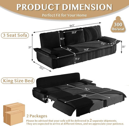 94.5'' Sleeper Sofa Bed King Size, Modern Corduroy Pull Out Couch, 3-in-1 Convertible Futon Sofa, 3 Seater Couches, Cloud Recliner, Pillow Arm, for Living Room, Apartment, Offices, Black
