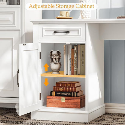 Halitaa Farmhouse 59" L-Shaped Executive Desk with Drawers, Wood Home Office Corner Desk with File Drawer, Storage Cabinet, Rustic Computer Writing Desk for Home Office. White