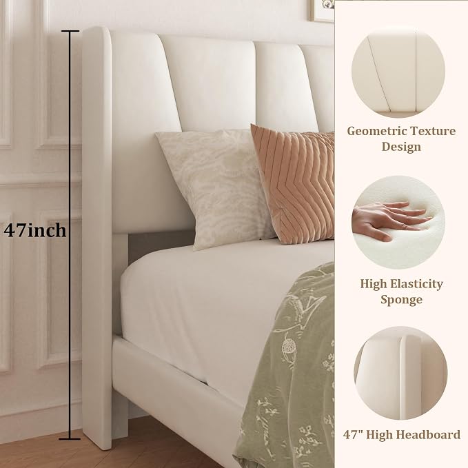 Full Bed Frame with Storage Drawers, Velvet Upholstered Platform Bed with 47" Tall Headboard and Wingboard, No Box Spring Needed, Noise Free, Easy Assembly, Wooden Support Slats, Beige