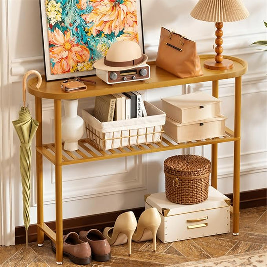 Bamboo Foyer Table for Entryway 39.4", Farmhouse Entryway Table for Hallway Oval Top, Sofa Console Table with Anti-fall Edge, TV Stand for Living Room, Indoor Plant Stand, 5min Easy Assembly, Walnut