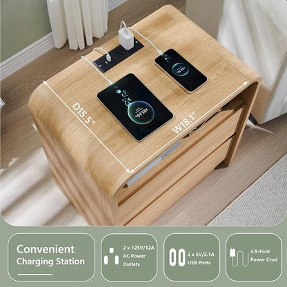 Aitjunz 25" Tall Modern Nightstand Set of 2, 23.6'' Wide Wood Bedside Table w/2 Storage Drawers, Charging Station, Mid Century End Table for Bedroom, Living Room,Curved Profile Design, Natural Oak