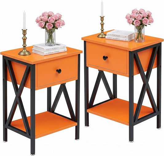 VECELO Nightstands Set of 2, Modern Bedside End Tables, Night Stands with Drawer and Storage Shelf for Living Room Bedroom, Industrial Metal Frame