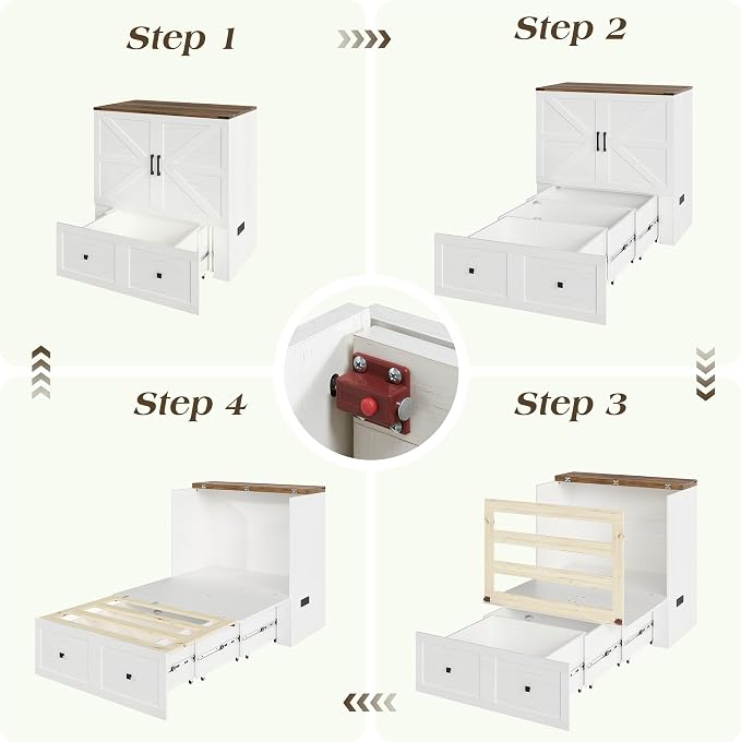 LUXOAK Twin Murphy Bed with Built-in Charging Station and Storage Drawer, Farmhouse Foldable Cabinet Bed for Guest Room, Apartment or Home Office, White