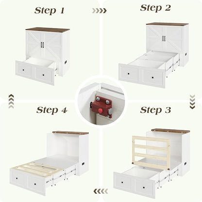 LUXOAK Twin Murphy Bed with Built-in Charging Station and Storage Drawer, Farmhouse Foldable Cabinet Bed for Guest Room, Apartment or Home Office, White