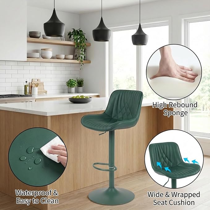 YOUTASTE Faux Leather Bar Stools Set of 2, All Dark Green Upholstered Counter Height Barstools with Back, Adjustable Swivel Stool Chair with Dark Green Metal Base for Home Kitchen Island