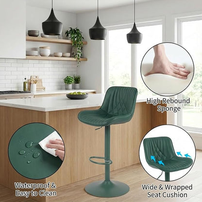 YOUTASTE Faux Leather Bar Stools Set of 2, All Dark Green Upholstered Counter Height Barstools with Back, Adjustable Swivel Stool Chair with Dark Green Metal Base for Home Kitchen Island