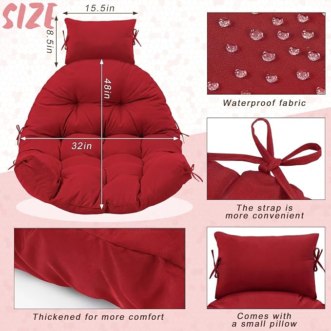 Tudomro Red Waterproof Egg Chair Cushion with Pillow Filling 2.58 kg Replacement Rocking Wicker Chair Cushion 48" x 32" High Back Hanging Swing Hammock Pad Thicken for Outdoor Patio Garden