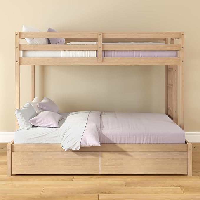 Grain & Grove Bear Twin Over Full Bunk Bed with Storage Drawers, Sturdy Bunk Bed Frame for Kids, Plywood Bunk with Ladder, Guardrail, and Slats, No Box Spring Required, Oak Embossed Natural