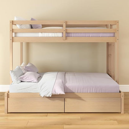 Grain & Grove Bear Twin Over Full Bunk Bed with Storage Drawers, Sturdy Bunk Bed Frame for Kids, Plywood Bunk with Ladder, Guardrail, and Slats, No Box Spring Required, Oak Embossed Natural