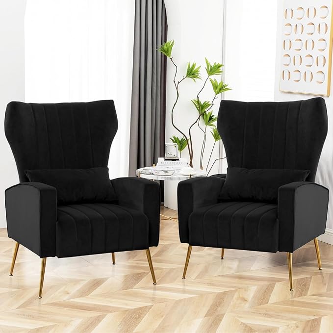 Accent Chairs Set of 2,Upholstered Living Room Chair with Lumbar Pillow, HighBack ArmChair with Metal Legs, Single Sofa Wingback Reading Chair For Bedroom, Apartment, Small Spaces Velvet Black