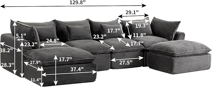 Boneless Couch Sectional Sofas Cloud Couches for Living Room | 130'' Modern Modular Cloud Sofa with Pillows and Ottoman for Bedroom