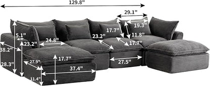 Boneless Couch Sectional Sofas Cloud Couches for Living Room | 130'' Modern Modular Cloud Sofa with Pillows and Ottoman for Bedroom