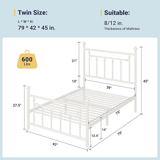 Allewie 14 Inch Twin Size Metal Platform Bed Frame with Victorian Vintage Headboard and Footboard/Mattress Foundation/Under Bed Storage/No Box Spring Needed/Easy Assembly/Noise Free/White