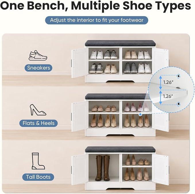 NEWBULIG Shoe Storage Bench for Entryway with Cushion, 39.4IN, White | Shoe Organizer Cabinet with Padded Cushion and Doors, Adjustable Shelves, Shoes Bench for Hallway, Mudroom, Bedroom
