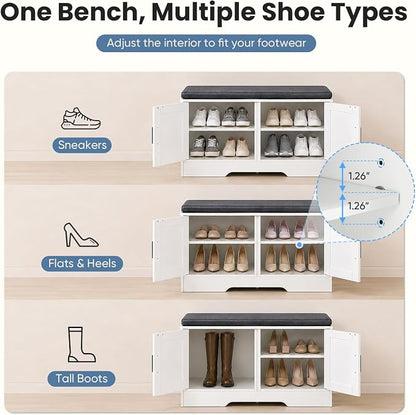 NEWBULIG Shoe Storage Bench for Entryway with Cushion, 39.4IN, White | Shoe Organizer Cabinet with Padded Cushion and Doors, Adjustable Shelves, Shoes Bench for Hallway, Mudroom, Bedroom