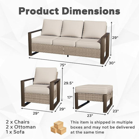 Joyside Outdoor Patio Chairs, 5 Pieces Wicker Rattan Furniture Set, 2 Patio Chairs, 1 Sofa and 2 Ottoman, Metal Wide Armrest, Thick Cushions and Deep Seating for Garden, Backyard, Porch, Deck