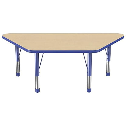 FDP Trapezoid Activity School and Classroom Kids Table (30 x 60 inch), Chunky Toddler Legs for Collaborative Seating Environments, Adjustable Height 15-24 inches - Maple Top and Blue Edge