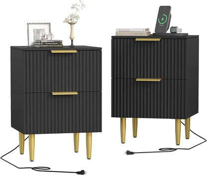Akxomel Black Nightstand Set of 2, Fluted Night Stand with Charging Station, 13.8" D x 15" W x 23.2" H, 2 Drawers Modern Bedside Table with USB Ports and Outlets, Golden Side Table for Bedroom