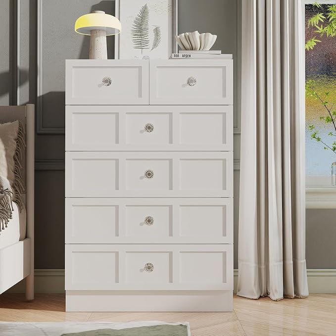 6 Drawer Dresser for Bedroom: 24" White Chest of Drawers with Deep Drawers, Tall Fluted Dresser with Storage, Modern Wood Dressers for Bedroom, Living Room