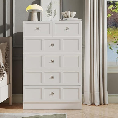 6 Drawer Dresser for Bedroom: 24" White Chest of Drawers with Deep Drawers, Tall Fluted Dresser with Storage, Modern Wood Dressers for Bedroom, Living Room