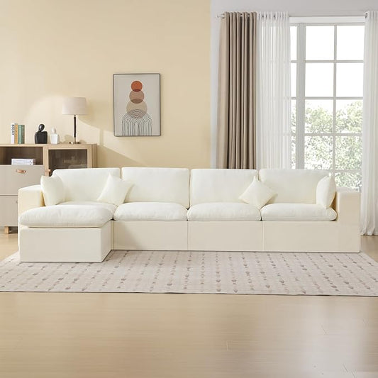 146''Cloud Boneless Sectional Couch, Modular Sectional Sofa Deep Seat with Ottoman, Oversized Upholstered Convertible Comfy 5 Seater Chenille Sofa L Shape Couches for Living Room, Beige