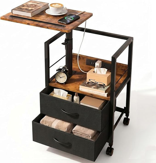Faesun Swivel Lift Top Nightstand with Charging Station, Rolling Side Table for Recliner, Bedside Table with Wheels & 2 Fabric Drawers, for Small Spaces, for Bedroom, Living Room, Brown Black